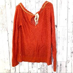 Free people L orange knit top long sleeve bow tie back & sequin accents fall 💕